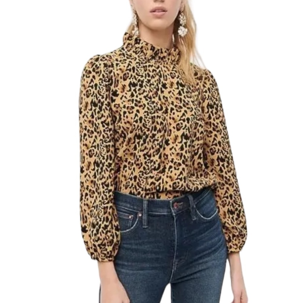J. Crew Ruffle-Neck Leopard Crepe Blouse in Ocelot - S